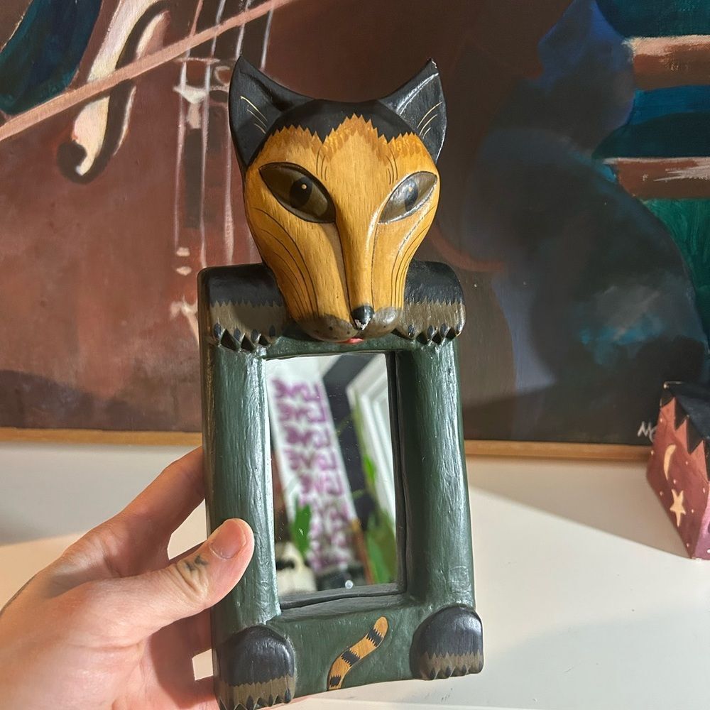 Hand Carved Fox Wall Mirror Wooden Folk Art Animal Decor Handmade Rustic Frame